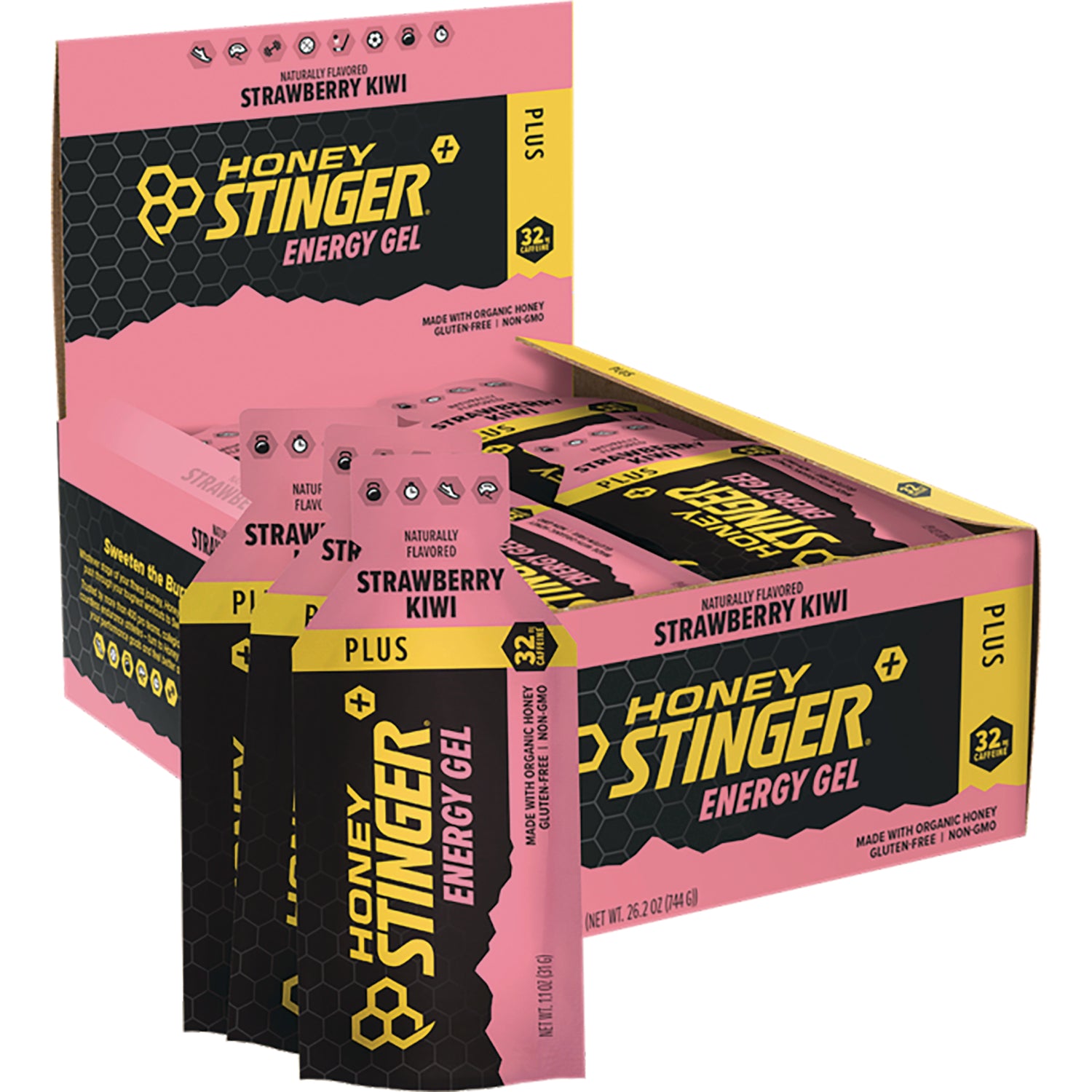 HST071 | Honey Stinger strawberry kiwi energy gel sachets displayed in an open pink retail box