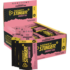 HST071 | Honey Stinger strawberry kiwi energy gel sachets displayed in an open pink retail box