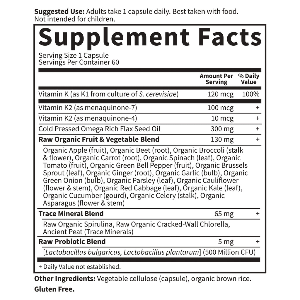 GLF150 | supplement facts label showing serving size 1 capsule, vitamin K amounts and raw organic blends - Thumbnail