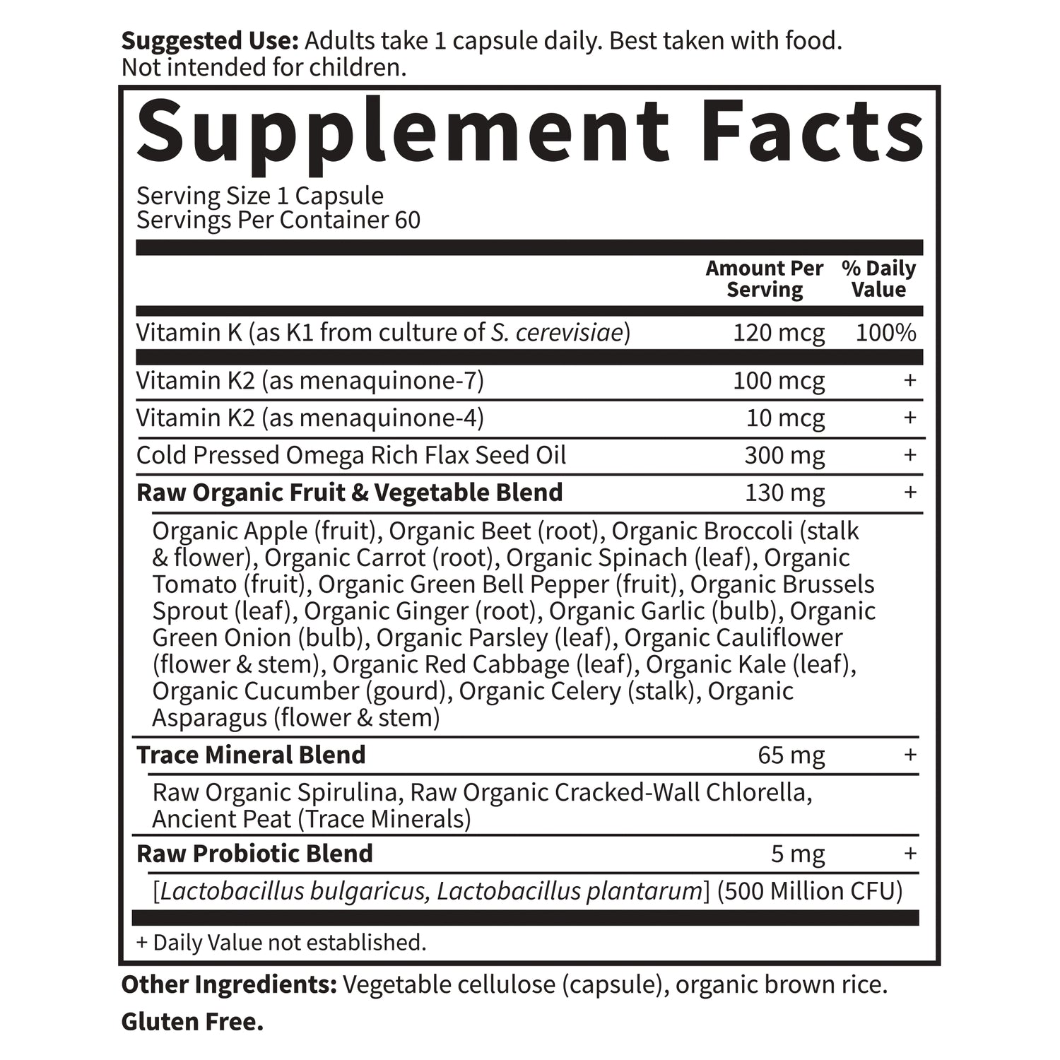 GLF150 | supplement facts label showing serving size 1 capsule, vitamin K amounts and raw organic blends