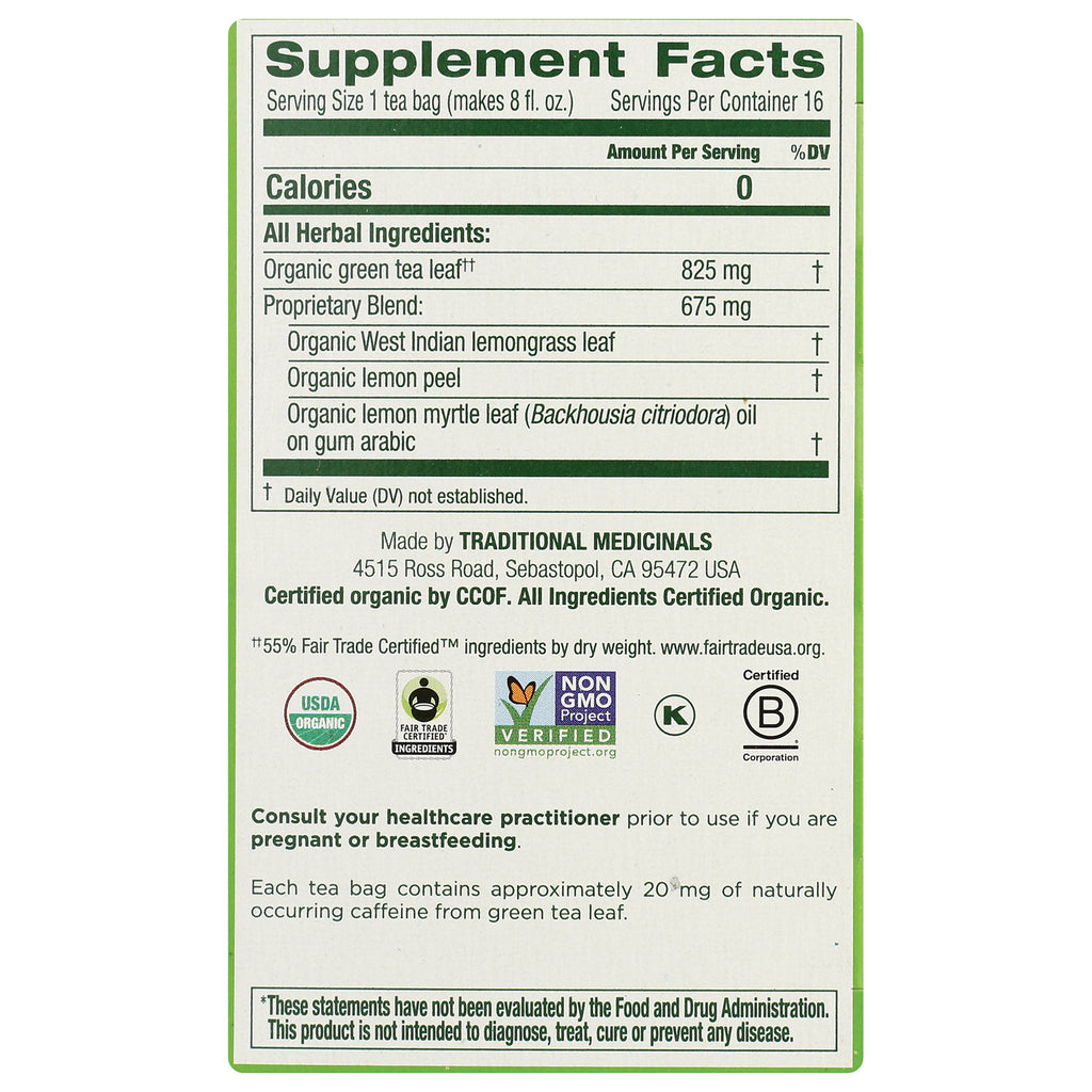 TMD020 | Back panel Supplement Facts for Traditional Medicinals tea; Organic green tea leaf 825 mg, Proprietary blend 675 mg - Thumbnail