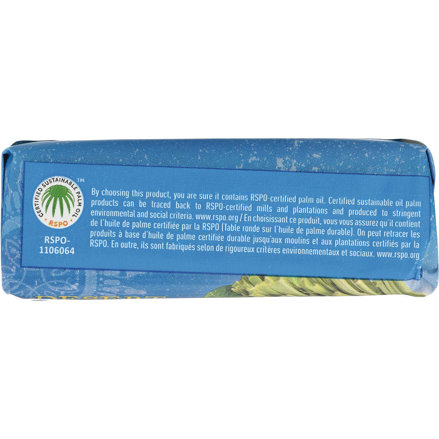 DST081 | blue product infographic panel showing RSPO certification text and RSPO-1106064 logo