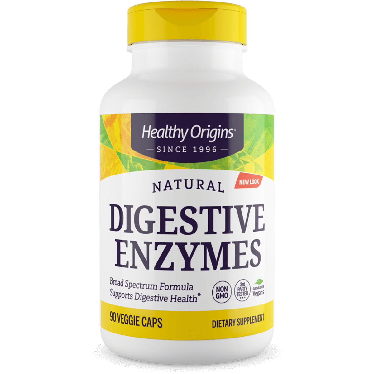 HRG098 | Healthy Origins Natural Digestive Enzymes white bottle with yellow cap, label shows 90 VEGGIE CAPS and dietary supplement