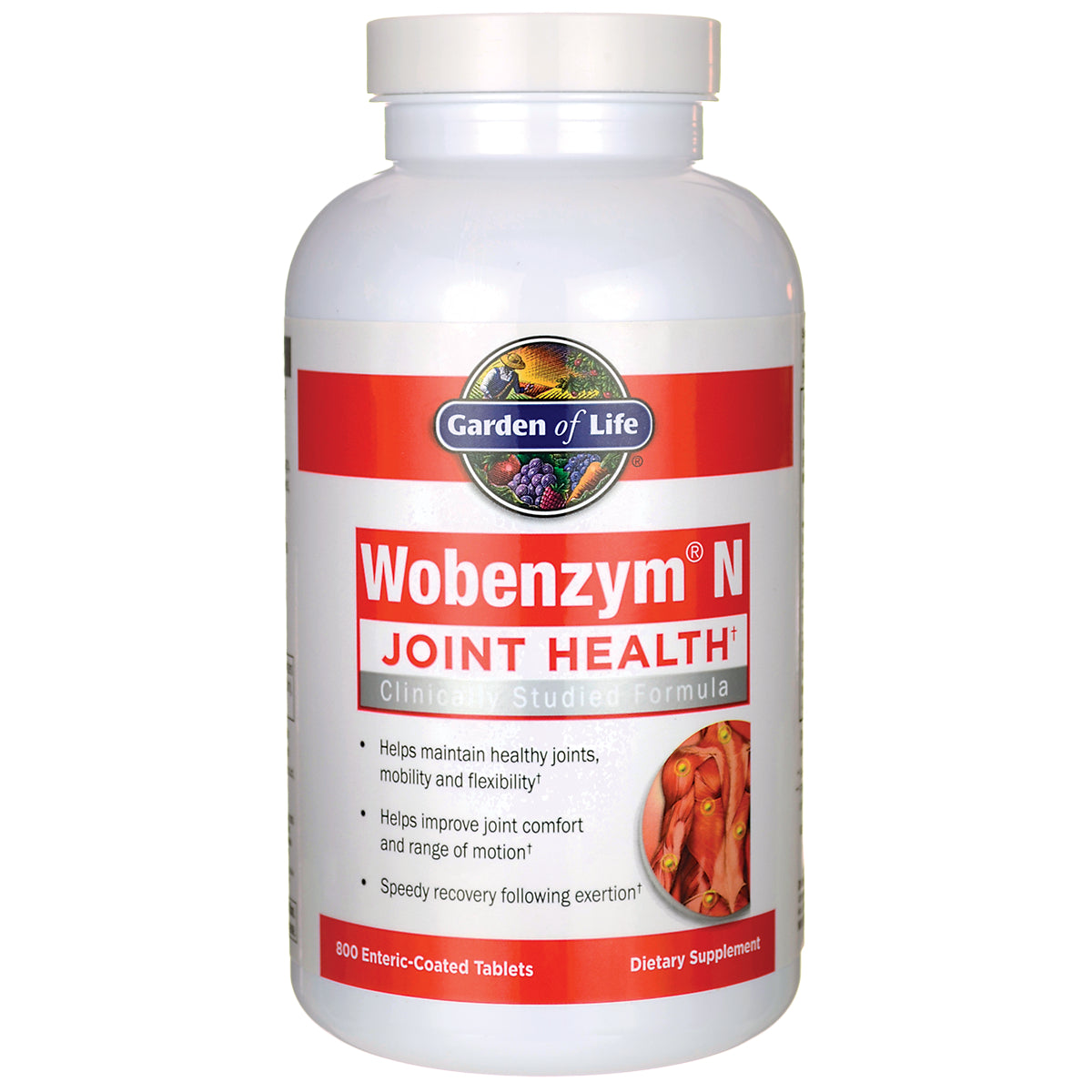 GLF129 | Garden of Life Wobenzym N joint health dietary supplement white bottle with red label, 800 enteric-coated tablets
