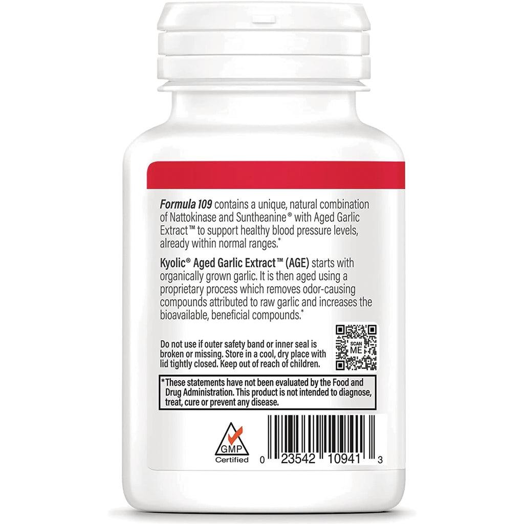 KY092 | Back label of supplement bottle showing Kyolic Aged Garlic Extract description, usage warnings, QR code and barcode - Thumbnail