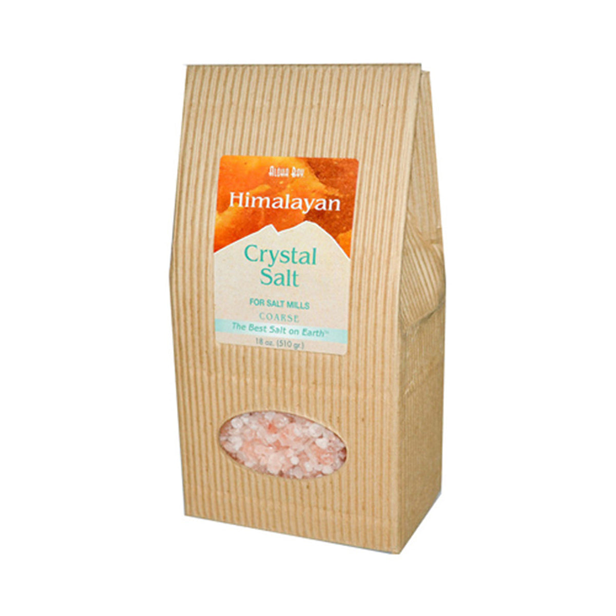 HMS003 | Brown ribbed paper bag of Himalayan Crystal Salt with front label and oval window showing coarse pink salt