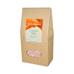 HMS003 | Brown ribbed paper bag of Himalayan Crystal Salt with front label and oval window showing coarse pink salt