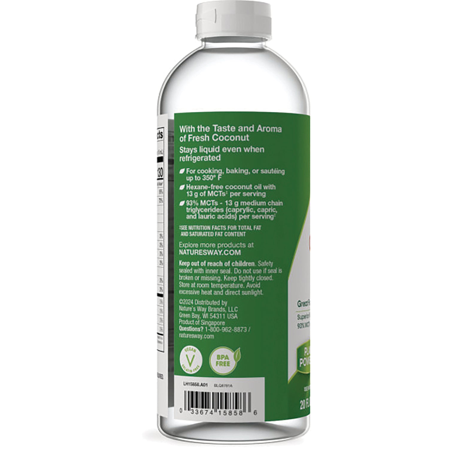 NW848 | Back of clear bottle with green coconut oil label showing usage instructions, ingredients, and barcode