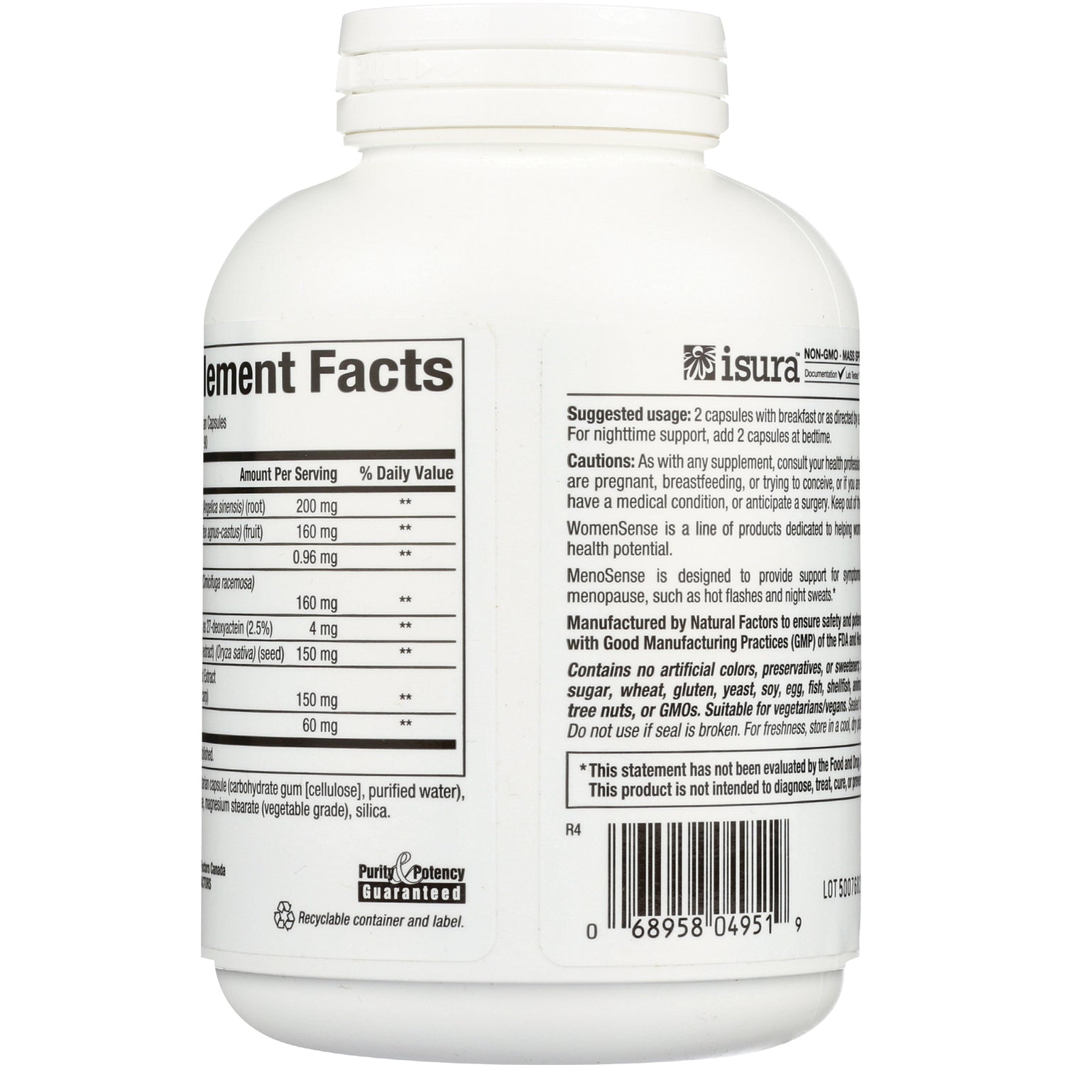 NFC112 | back label showing supplement facts, usage directions, cautions, and barcode on white bottle