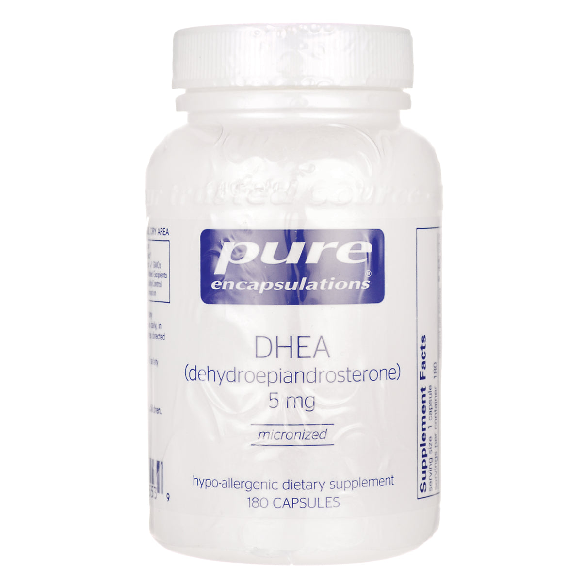 PRN075 | Pure Encapsulations DHEA 5 mg white supplement bottle front label, 180 capsules