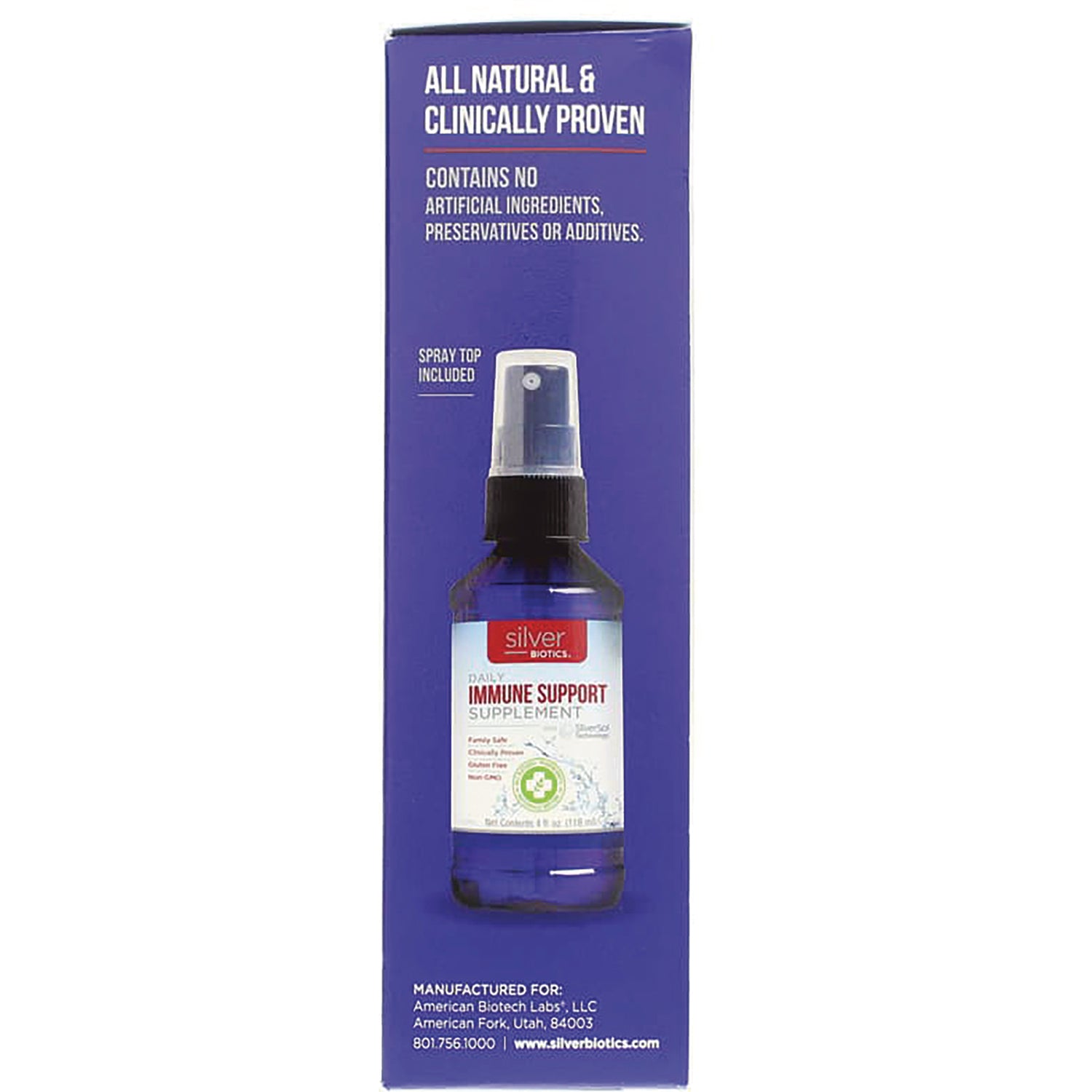 ABL002 | Back panel: All Natural & Clinically Proven Silver Biotics Daily Immune Support spray