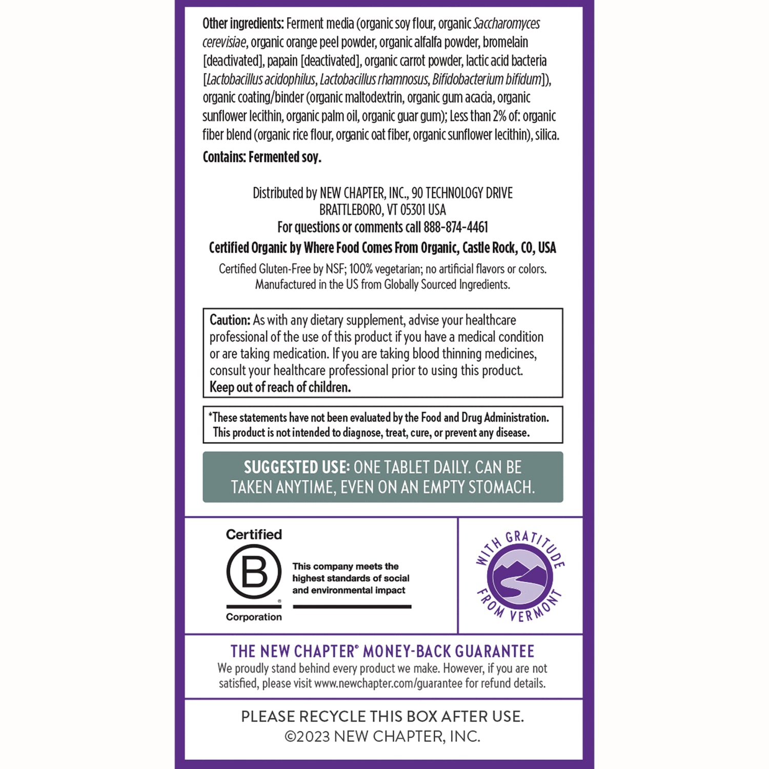 NWC223 | Back of supplement box showing ingredients panel, caution box, suggested use, certifications, and recycling note