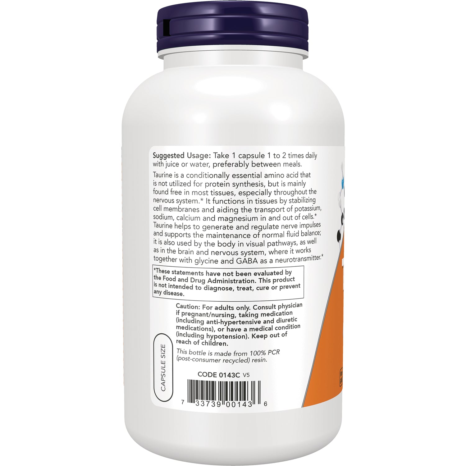 NWF1107 | Back label of white supplement bottle showing suggested usage, caution text, and barcode
