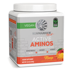 SNW062 | Sunwarrior Sport Active Aminos powder, Mango flavor, front container with Vegan badge, 1.25 lb (570 g)