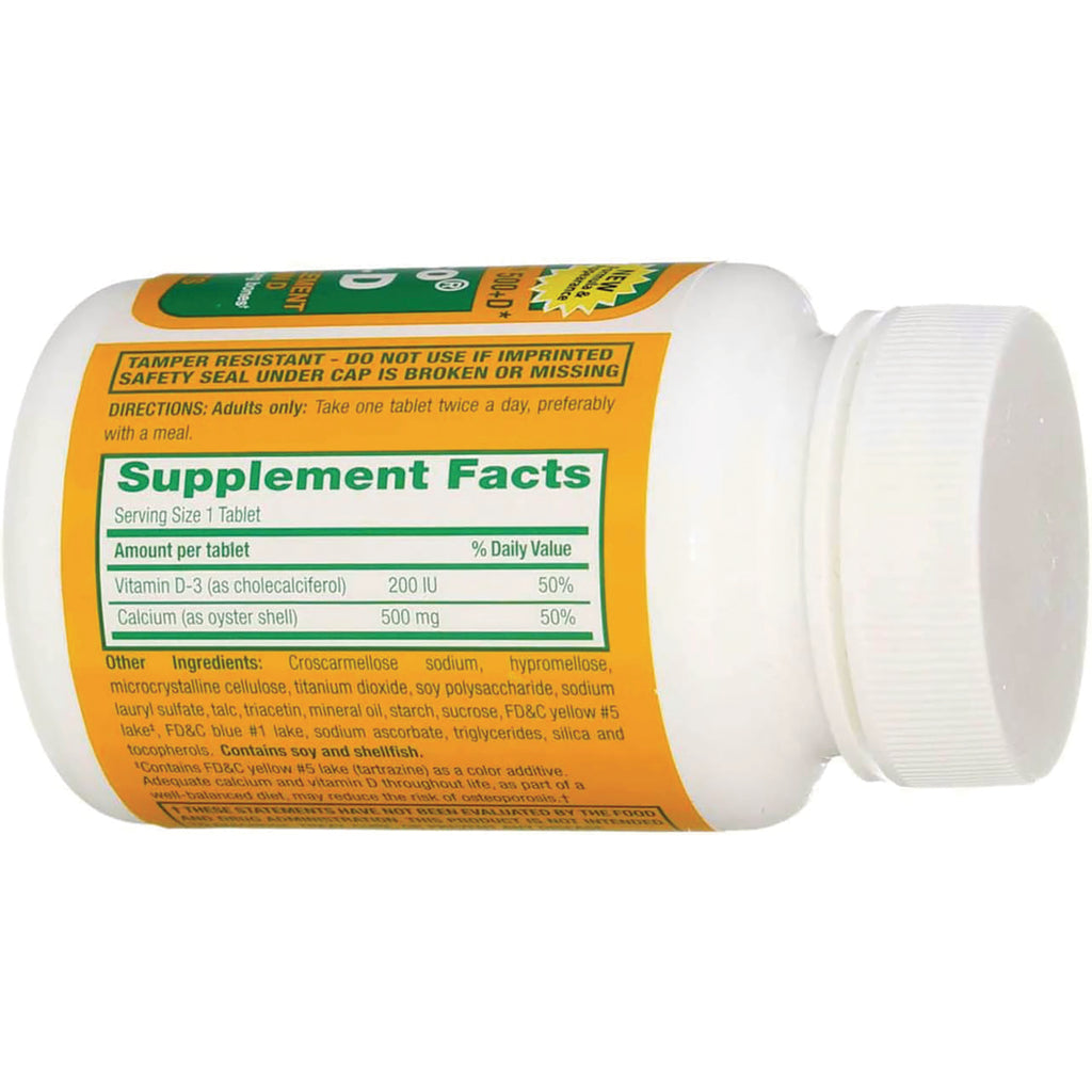 WAT039 | Back label of supplement bottle showing Supplement Facts: Vitamin D-3 200 IU and Calcium 500 mg - Thumbnail