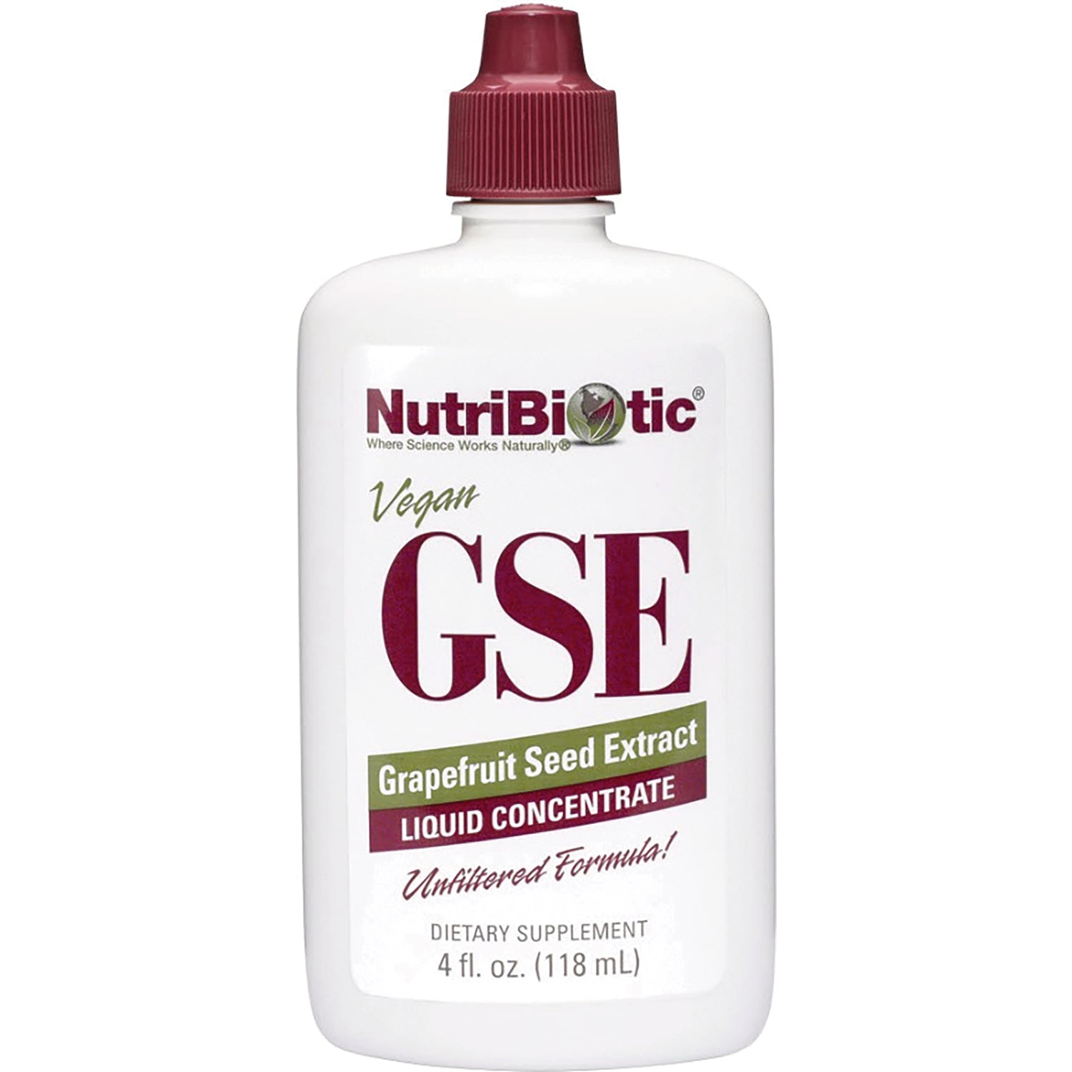 NUB003 | NutriBiotic GSE grapefruit seed extract liquid concentrate 4 fl oz white bottle with maroon cap