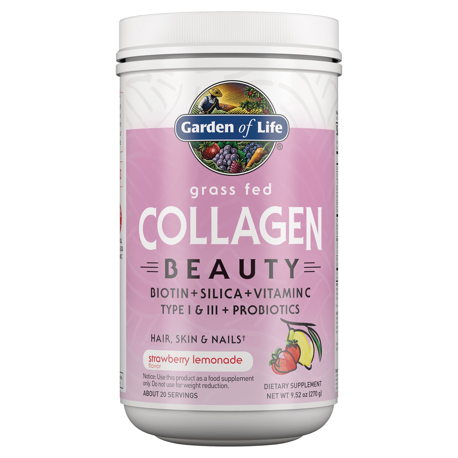 GLF282 | Garden of Life grass fed Collagen Beauty powder tub, strawberry lemonade flavor front label