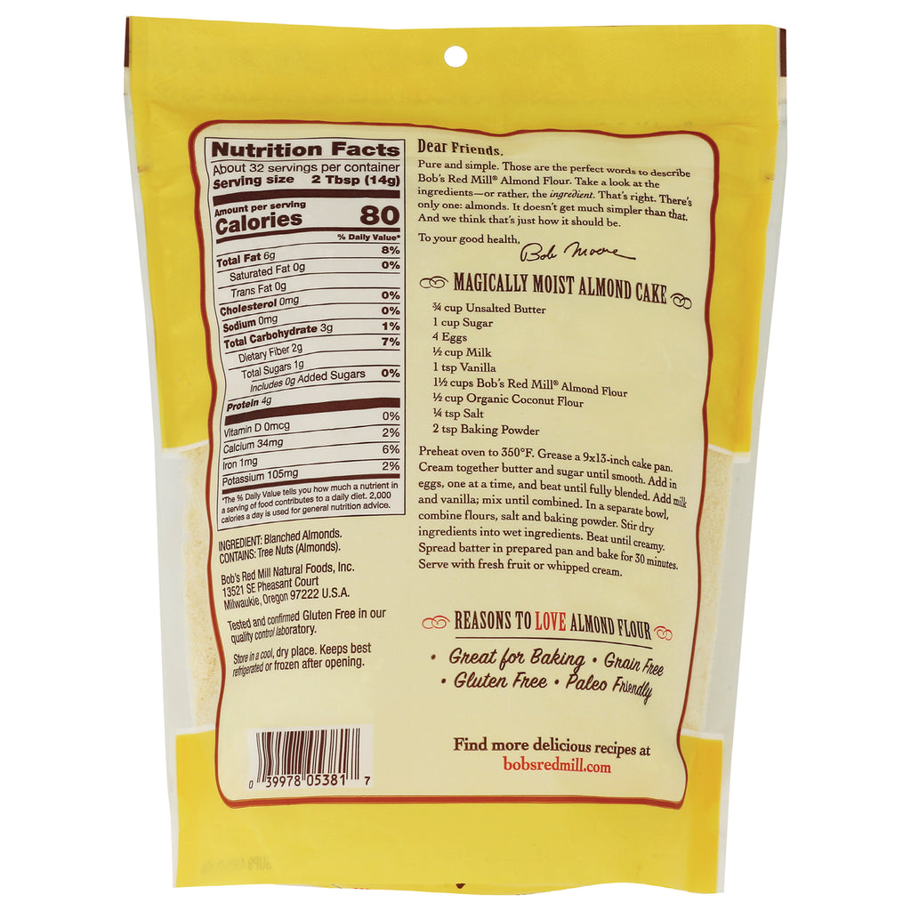 BOB271 | back of yellow bag showing Nutrition Facts, ingredient list and Magically Moist Almond Cake recipe - Thumbnail