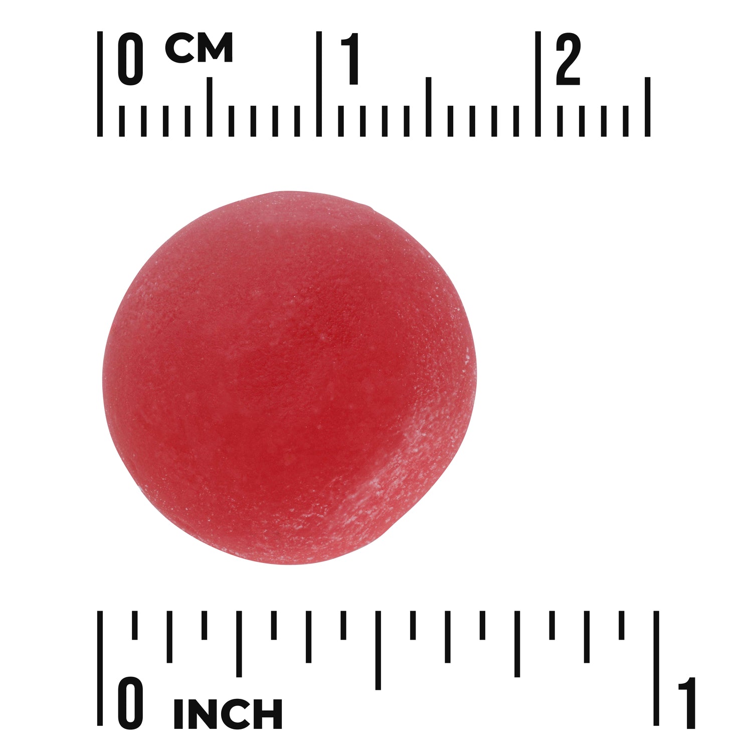 SW1845 | Red round gummy with size scale in inches and centimeters