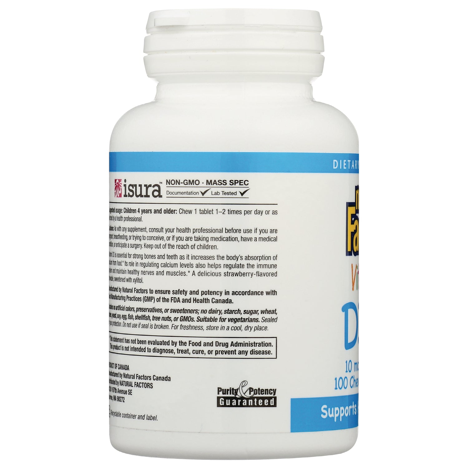 NFC126 | back label of white supplement bottle showing directions, warnings, and Purity & Potency Guaranteed logo