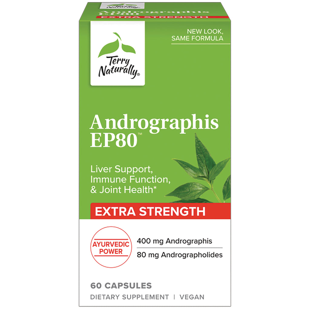 EUR065 | Terry Naturally Andrographis EP80 extra strength dietary supplement box, 60 capsules, green and white packaging - Thumbnail
