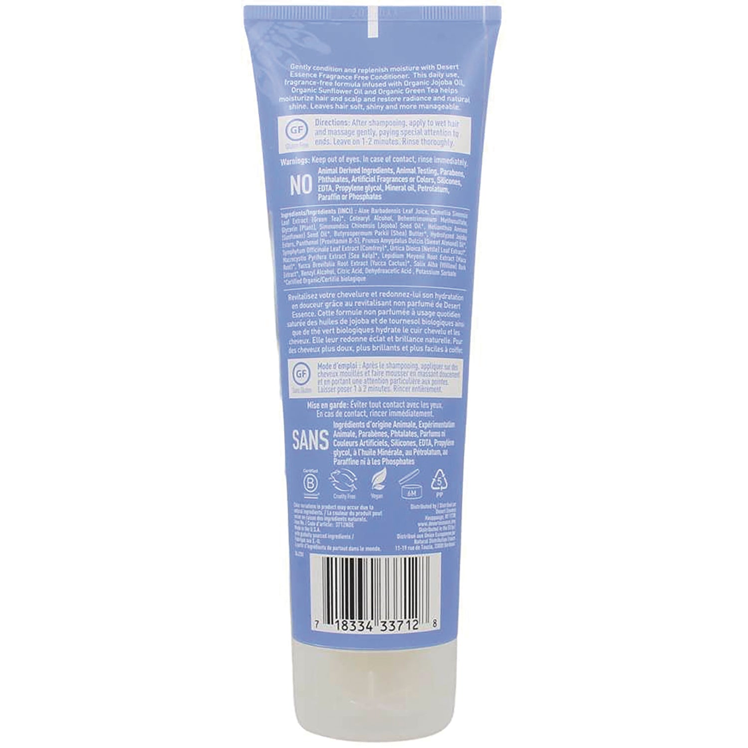 DST018 | Back of blue conditioner tube showing ingredients, warnings, directions and barcode