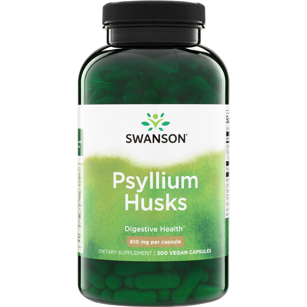 SW1077 | Swanson Psyllium Husks, 610 mg per capsule, 300 vegan capsules bottle front - Thumbnail