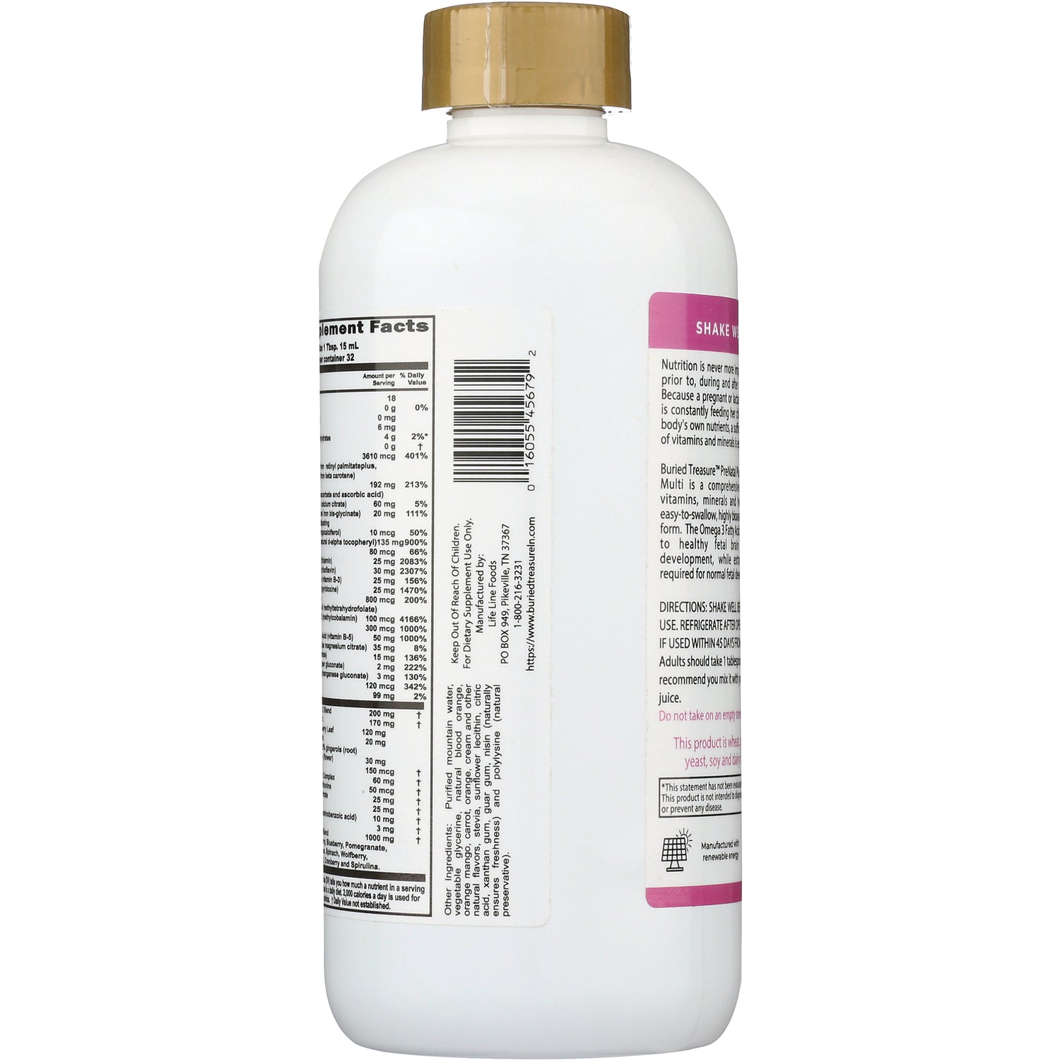 BTR006 | Back of white supplement bottle with gold cap showing supplement facts label, barcode, and pink information panel