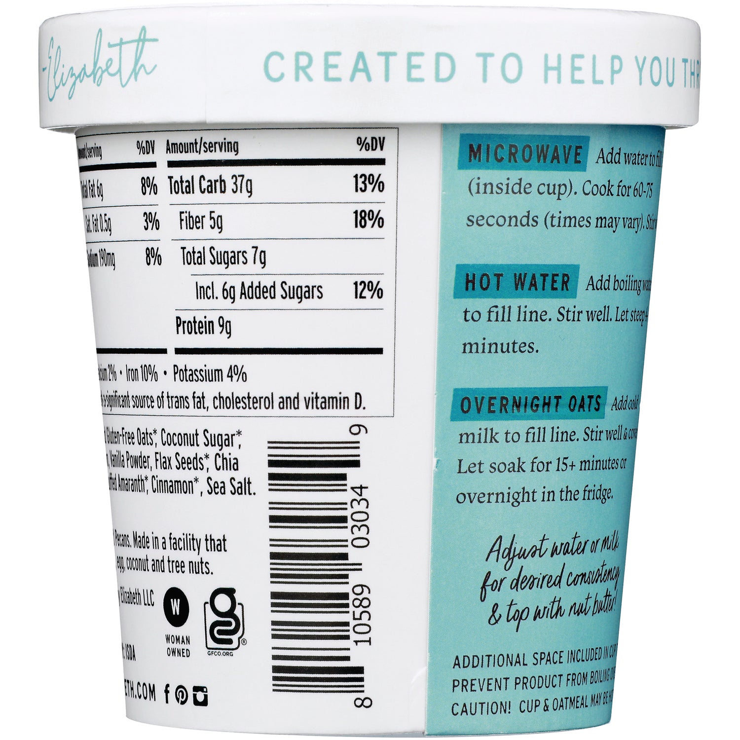 PLZ012 | Back of oatmeal cup showing nutrition facts panel, barcode and microwave and hot water preparation instructions