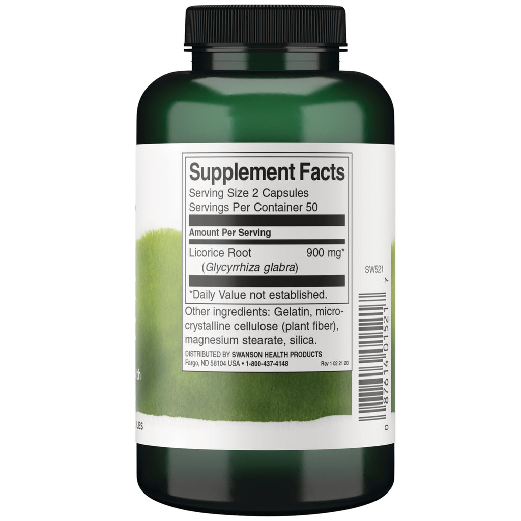 SW521 | Back label with Supplement Facts panel for licorice root 900 mg, other ingredients list and barcode - Thumbnail