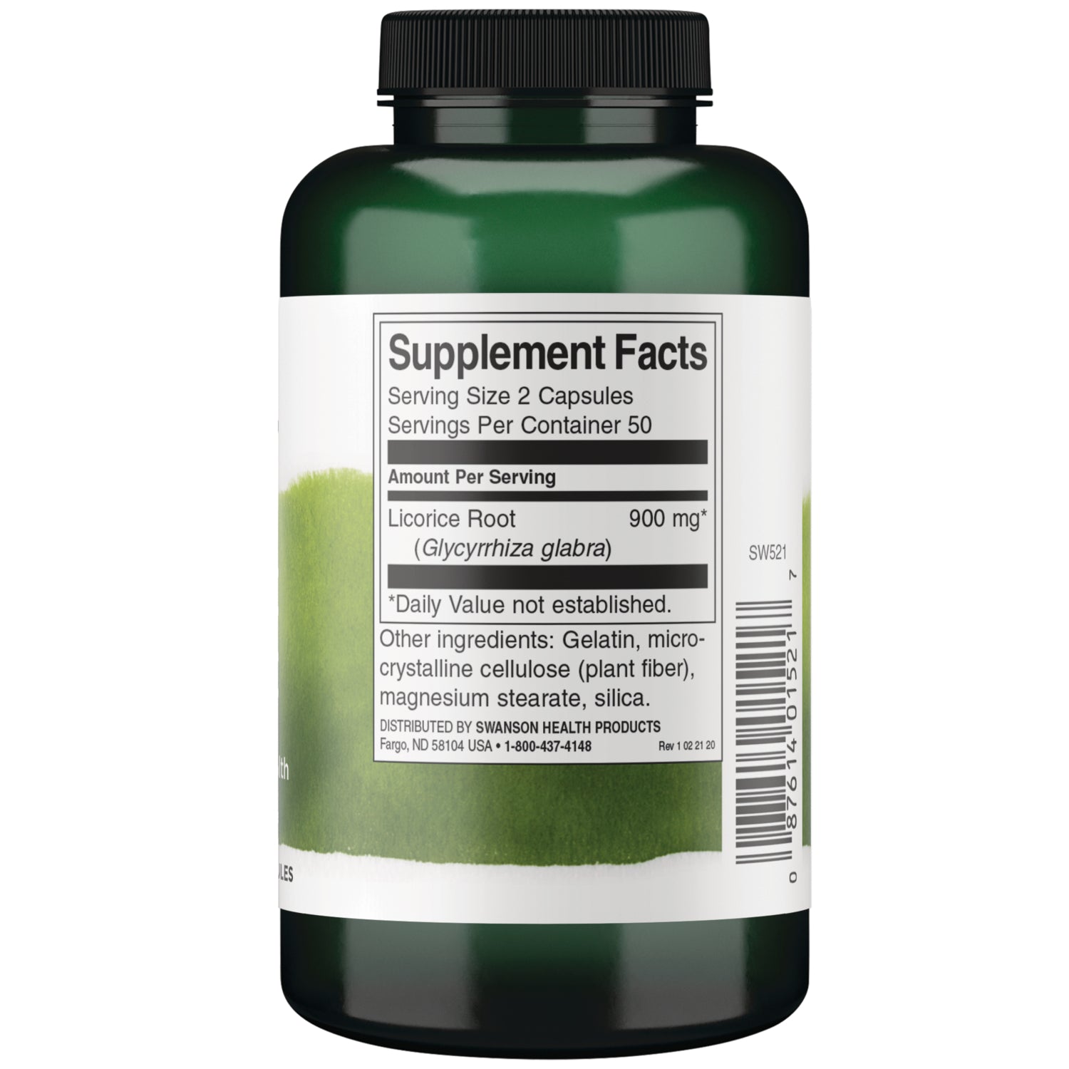 SW521 | Back label with Supplement Facts panel for licorice root 900 mg, other ingredients list and barcode