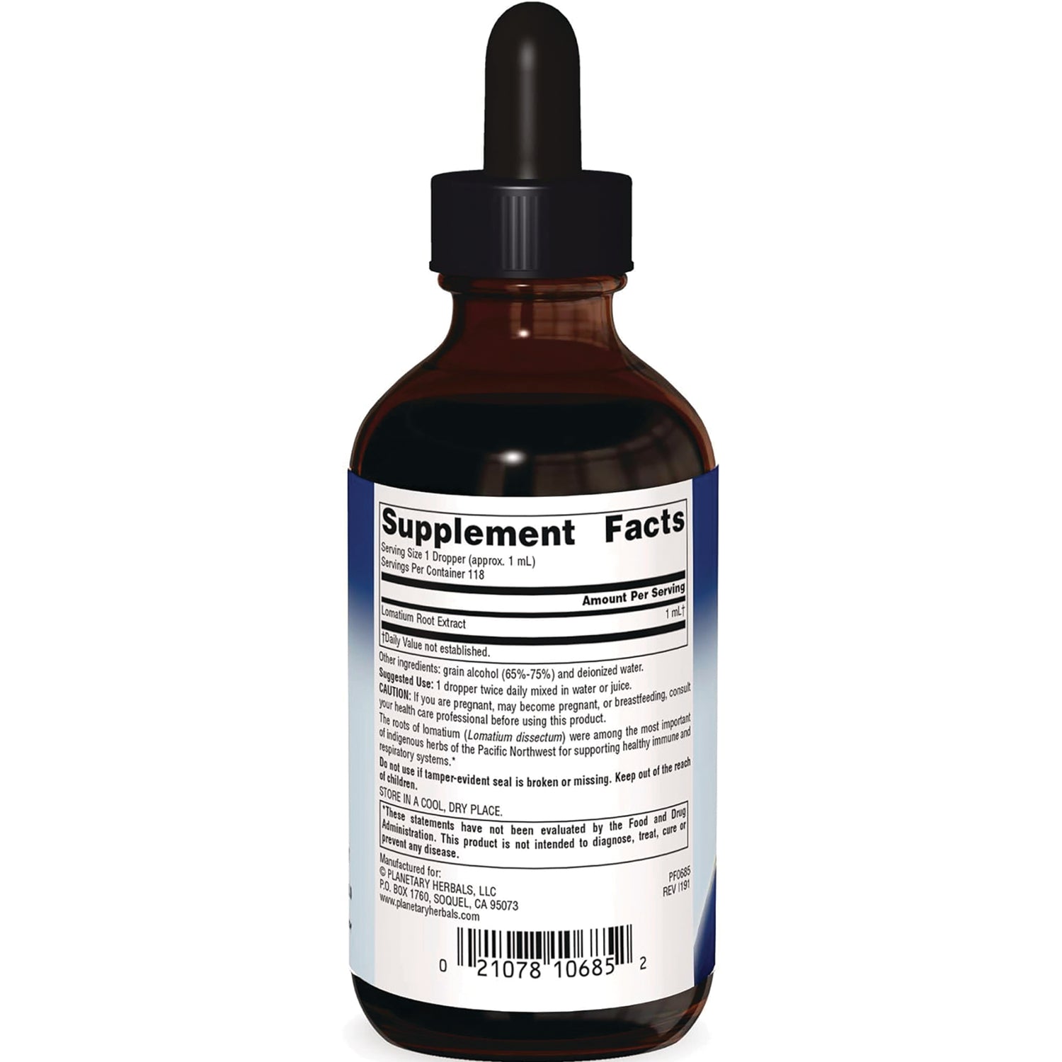 PF194 | back label of amber dropper bottle showing Supplement Facts panel, ingredient text and barcode
