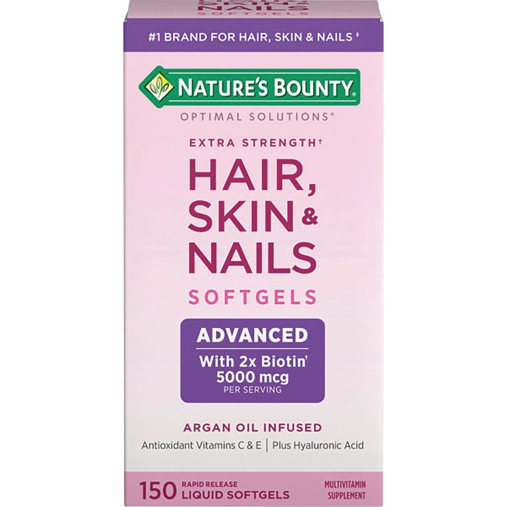 NBY103 | Nature's Bounty Hair, Skin & Nails softgels box front, pink, Advanced 5000 mcg biotin, 150 liquid softgels - Thumbnail