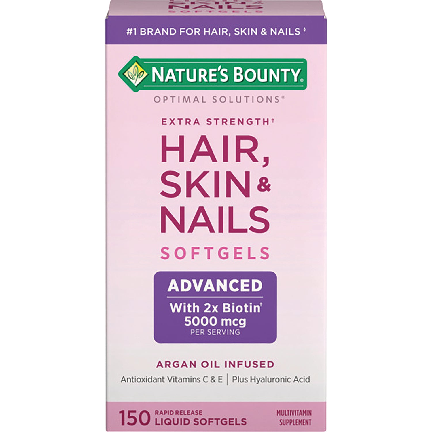 NBY103 | Nature's Bounty Hair, Skin & Nails softgels box front, pink, Advanced 5000 mcg biotin, 150 liquid softgels