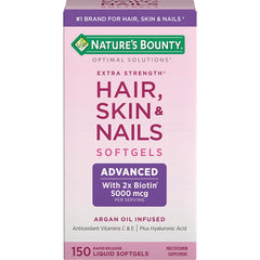 NBY103 | Nature's Bounty Hair, Skin & Nails softgels box front, pink, Advanced 5000 mcg biotin, 150 liquid softgels