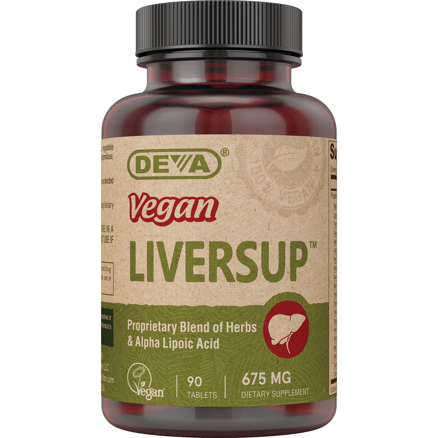 DEVA Vegan LIVERSUP supplement bottle front label reading Proprietary Blend of Herbs & Alpha Lipoic Acid, 675 MG, 90 tablets