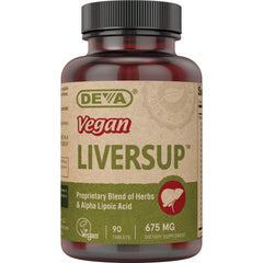 DEVA Vegan LIVERSUP supplement bottle front label reading Proprietary Blend of Herbs & Alpha Lipoic Acid, 675 MG, 90 tablets