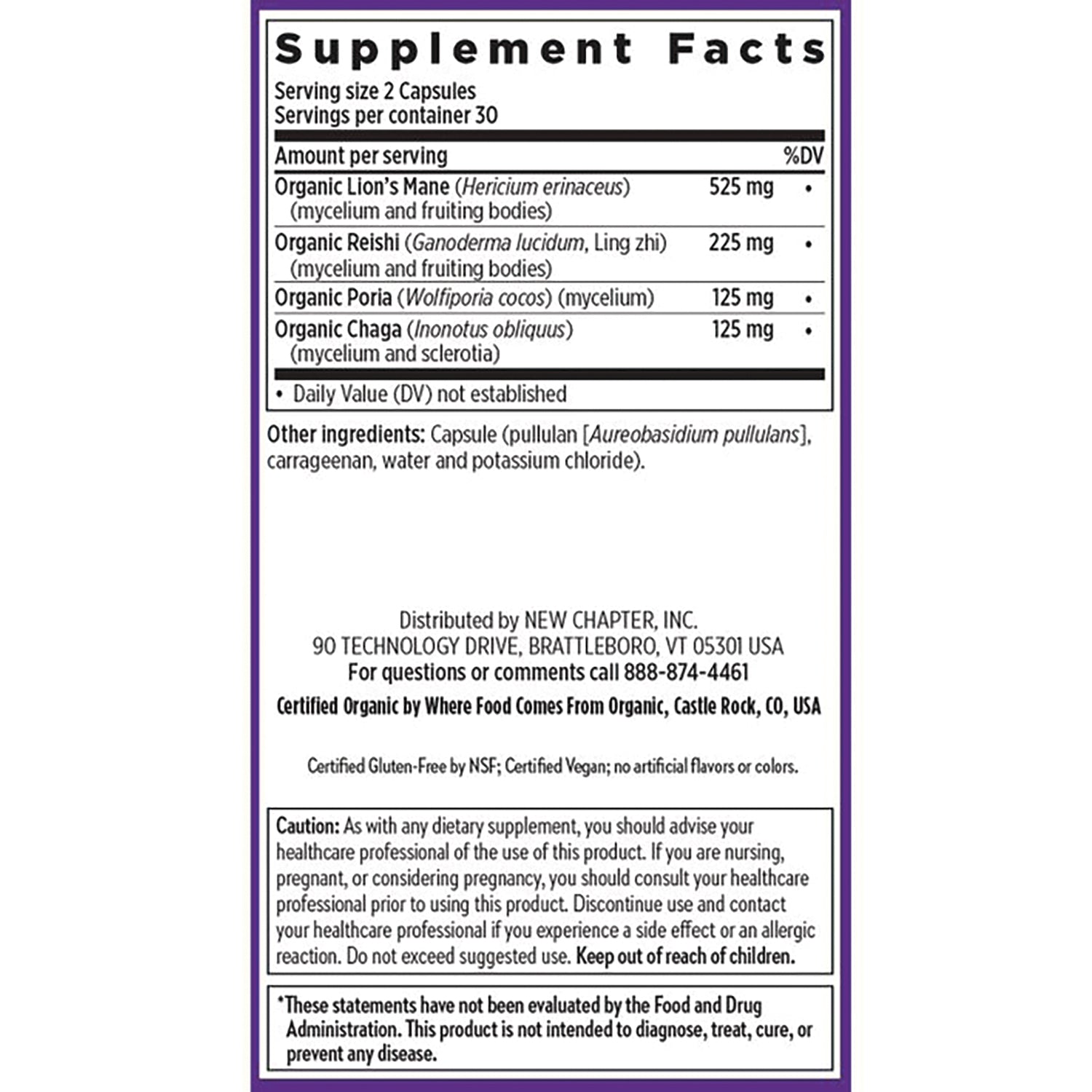 NWC267 | back label showing Supplement Facts, ingredient list, distributor details and caution box