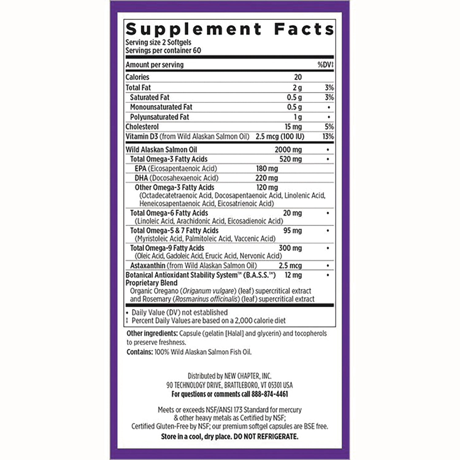 NWC111 | Supplement Facts panel and ingredient list for Wild Alaskan salmon oil softgels, serving size 2