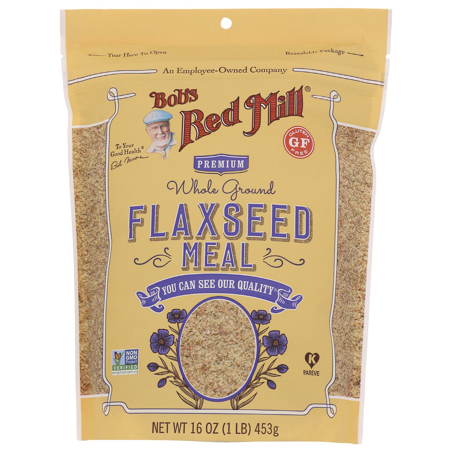 BOB260 | Bob's Red Mill premium whole ground flaxseed meal 16 oz front pouch with window showing product