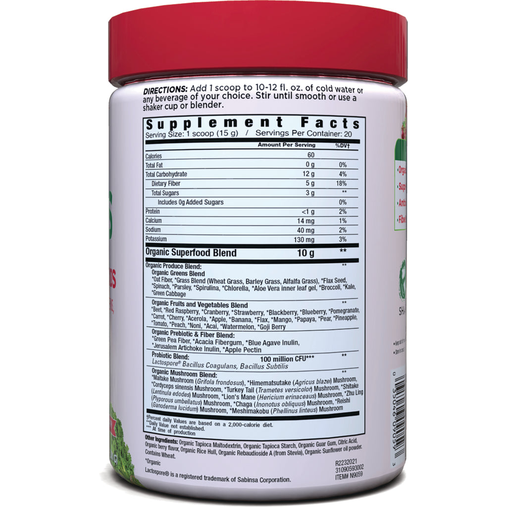 CFR009 | Back label showing Supplement Facts panel, directions, nutrition facts and Organic Superfood Blend ingredient list - Thumbnail
