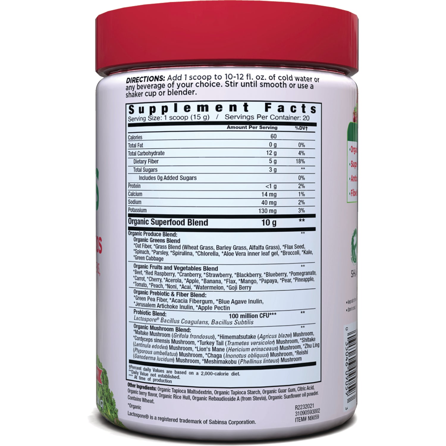 CFR009 | Back label showing Supplement Facts panel, directions, nutrition facts and Organic Superfood Blend ingredient list