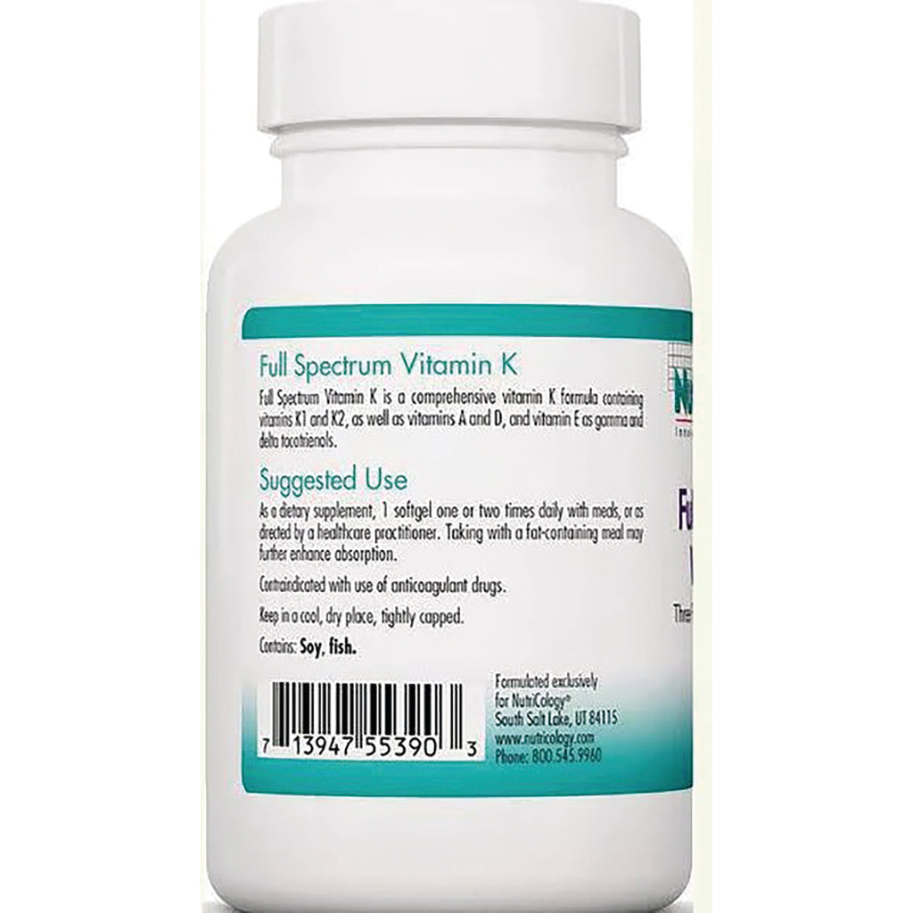 NCL035 | Back label of Full Spectrum Vitamin K bottle showing suggested use, warnings, and barcode - Thumbnail