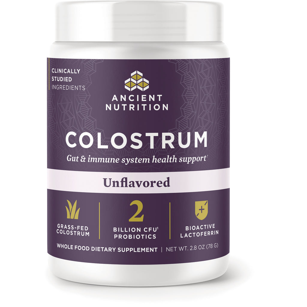 ATN148 | Ancient Nutrition Colostrum unflavored supplement jar front label showing 2 billion CFU probiotics and lactoferrin - Thumbnail