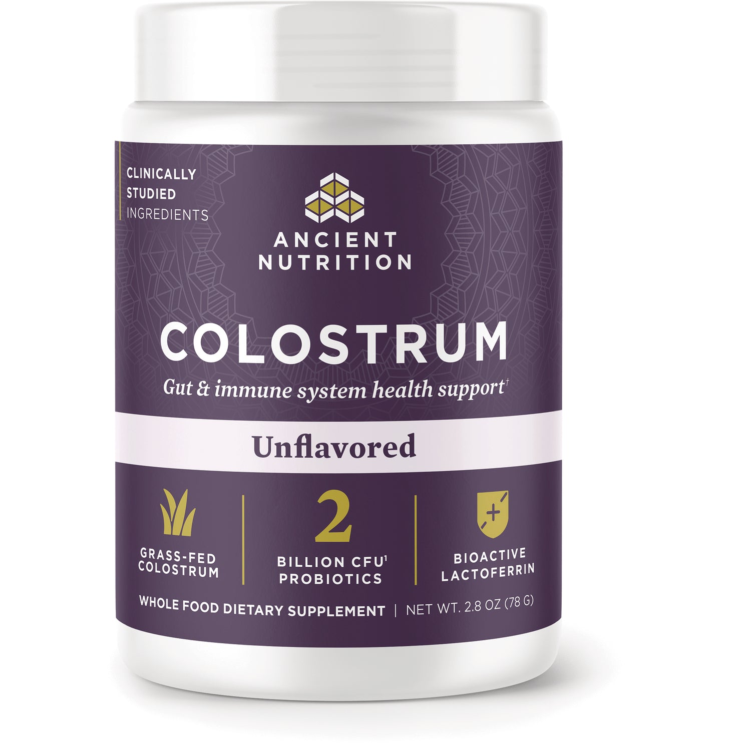 ATN148 | Ancient Nutrition Colostrum unflavored supplement jar front label showing 2 billion CFU probiotics and lactoferrin