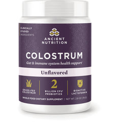 ATN148 | Ancient Nutrition Colostrum unflavored supplement jar front label showing 2 billion CFU probiotics and lactoferrin
