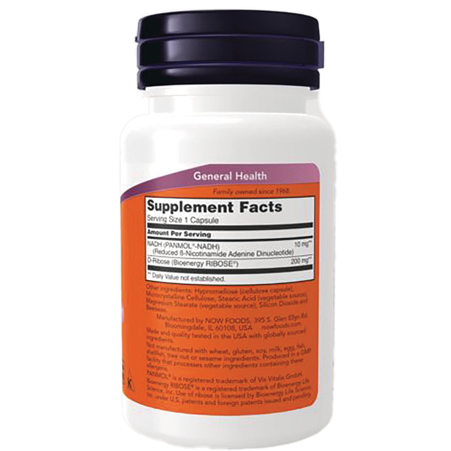 NWF393 | Back of white supplement bottle with orange label showing Supplement Facts panel and General Health header