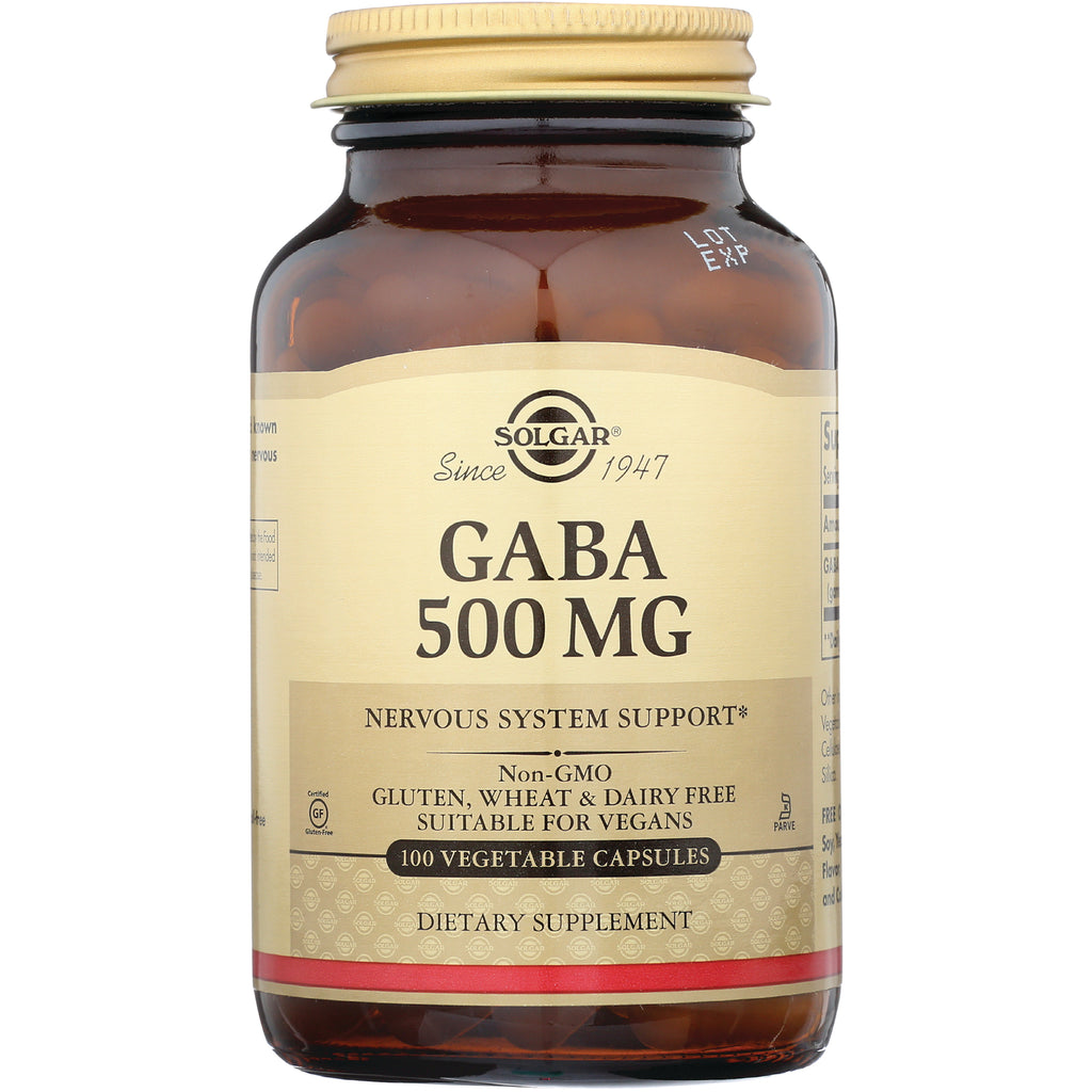 SLG351 | Solgar GABA 500 MG dietary supplement bottle, 100 vegetable capsules in amber glass with gold label - Thumbnail