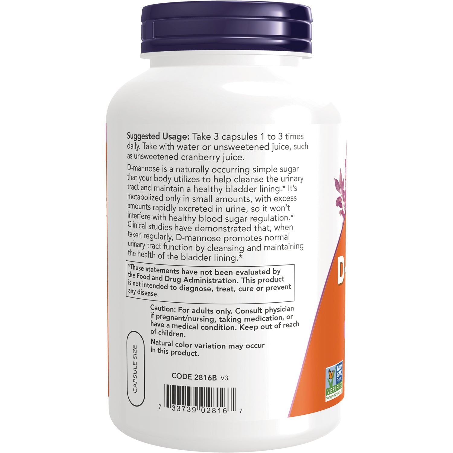NWF1445 | Back label showing suggested usage, caution text, and barcode on white supplement bottle