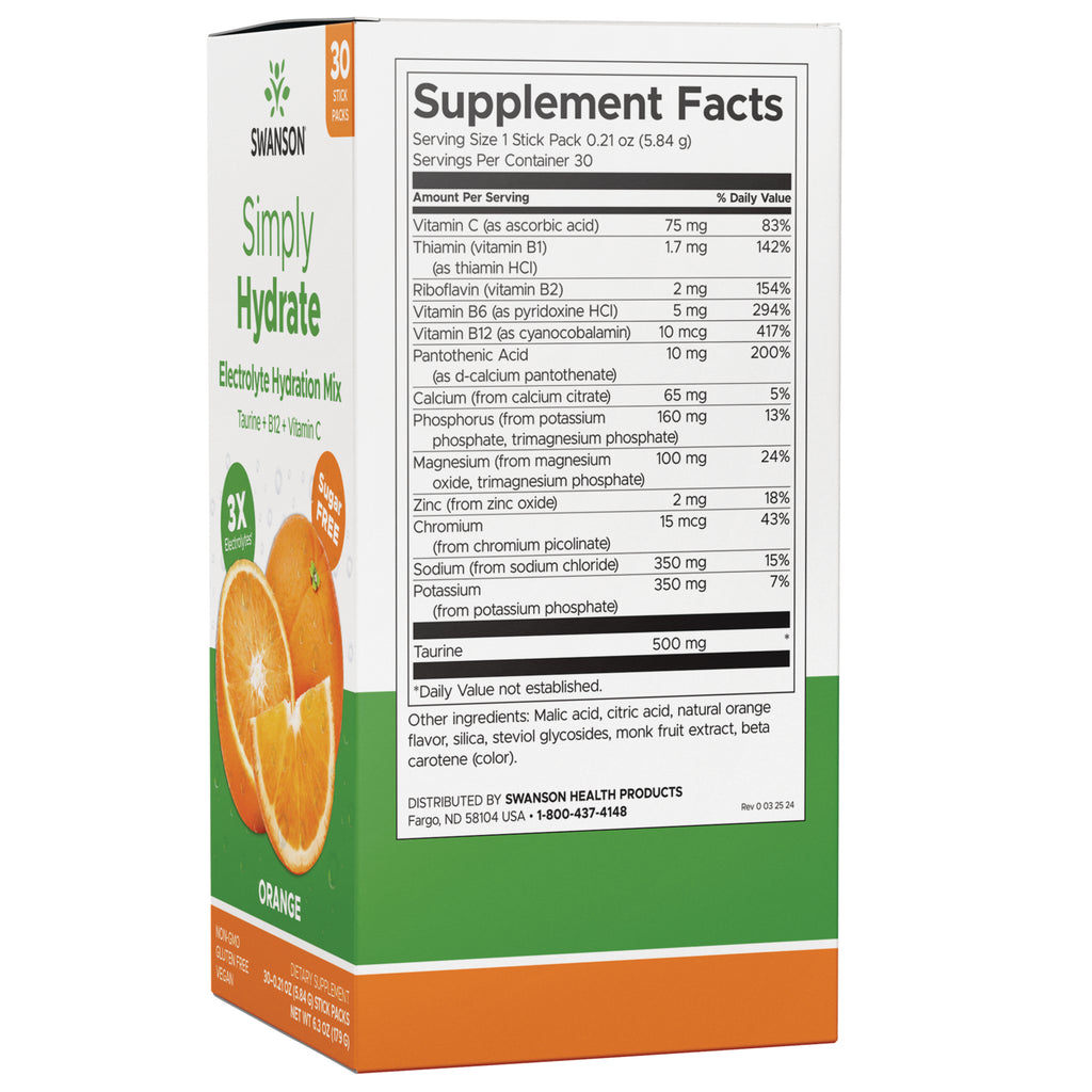 SW1927 | Swanson Simply Hydrate electrolyte hydration mix orange single-serve stick, sugar free, non-GMO, gluten free - Thumbnail